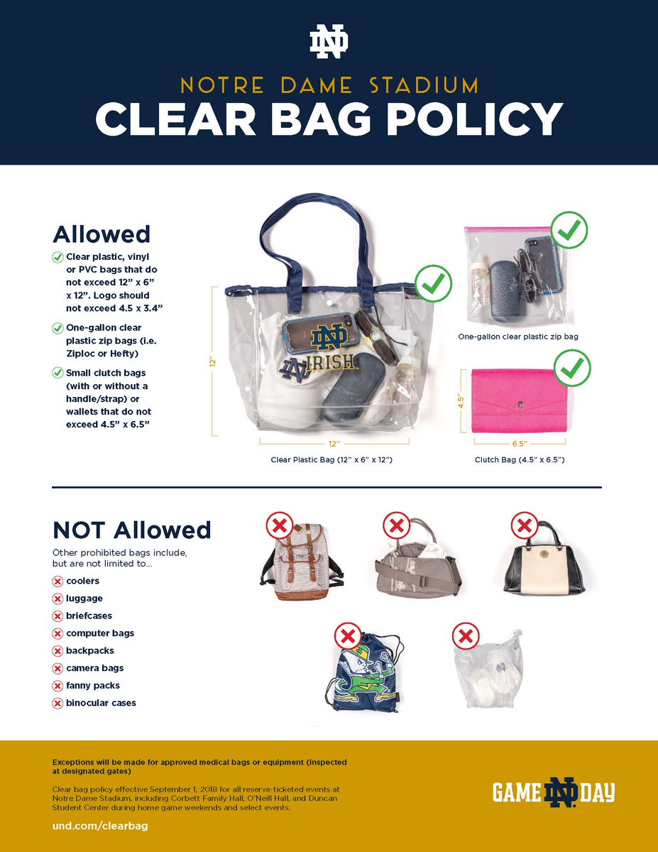 Effective Sept. 1, Notre Dame will institute a Clear Bag Policy for all reserve-ticketed events at Notre Dame Stadium. Be sure to follow the guidelines for this weekend's game and Go Irish!