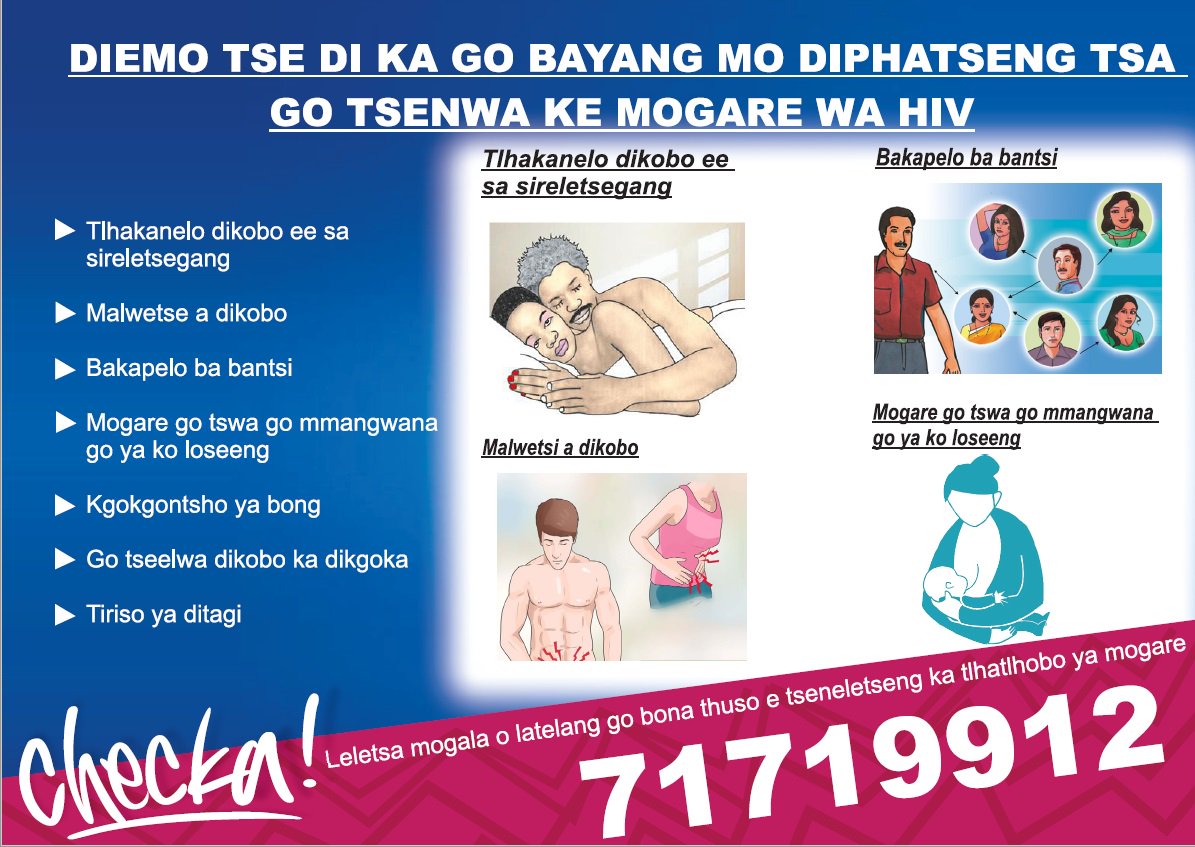 CheckaStatus's tweet photo. O mo diphatseng tsa go tsenwa ke mogare wa HIV fa o dira tse di latelang. Leletsa: 71719912 go itlhatlhoba.
#CheckaStatus #GetHIVTested #ChoosDay #SeFoleDiLine #MogareWaHIV #ITHUTE https://t.co/GENoYqDCRo