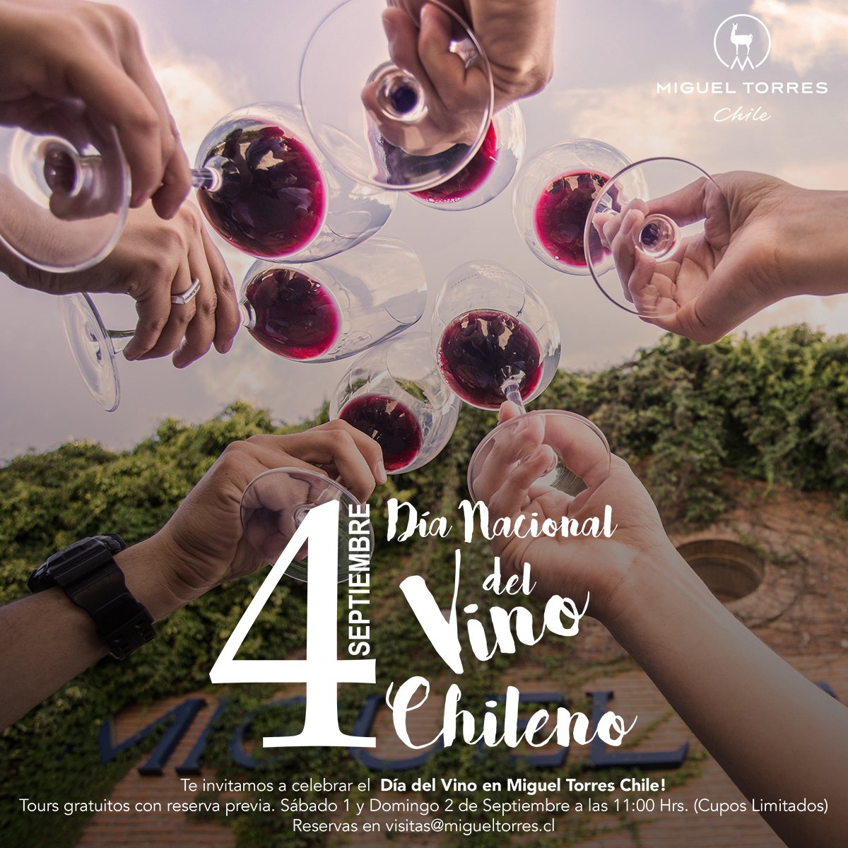 Miguel Torres Chile (@migueltorrescl) on Twitter photo Ven a celebrar el DÍA NACIONAL DEL VINO a la viña #MiguelTorresChile este sábado 1 y domingo 2 de Septiembre a Curicó, los esperamos! #Curicó #PuertasAbertas #ToursGratuitos
Quienes deseen inscribirse, deben escribir a visitas@migueltorres.cl para reservar su cupo, los esperamos! Ven a celebrar el DÍA NACIONAL DEL VINO a la viña #MiguelTorresChile este sábado 1 y domingo 2 de Septiembre a Curicó, los esperamos! #Curicó #PuertasAbertas #ToursGratuitos
Quienes deseen inscribirse, deben escribir a visitas@migueltorres.cl para reservar su cupo, los esperamos!