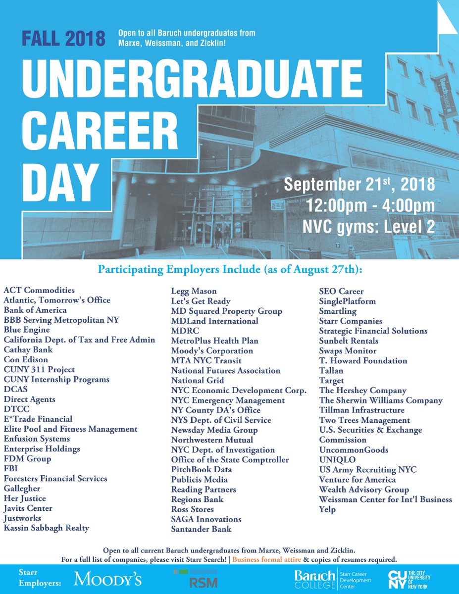 BaruchStarr's tweet photo. Meet @SAGAInnovations @SantanderBankUS 
@SEOCAREERPROG 
@SinglePlatform 
@smartling 
@StarrCompanies 
@StratFS 
@SBRentals 
@BaruchCollege
for upcoming #BaruchCareerFair 9.21.2018 #BaruchAtWork #BaruchWorks #BeBaruch https://t.co/0IWzOxeSh5