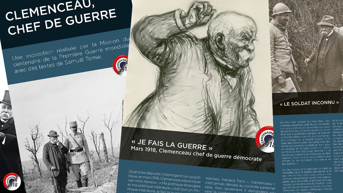 Mission1418's tweet photo. En 12 panneaux, l'exposition "Clemenceau chef de guerre" créée par @Mission1418 dans le cadre de l'#AnnéeClemenceau avec des textes rédigés par @SamuelTomei est disponible gratuitement en téléchargement sur >> https://t.co/vzEhxvrR6Y #1GM #WW1 #11novembre https://t.co/3wqKKjqiuA
