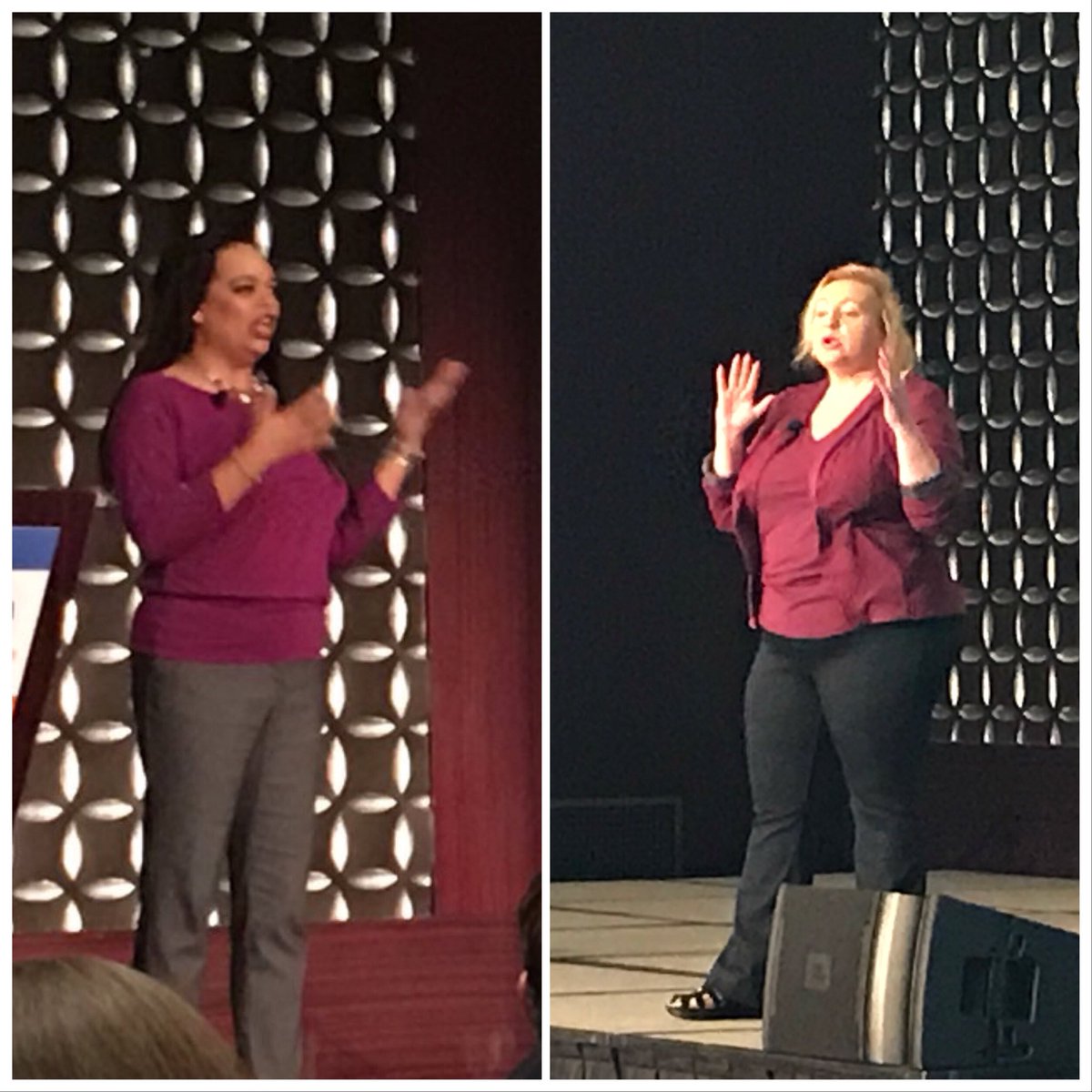 Karuana's tweet image. Back to back keynotes with my dear friend @nmoneypenny. We are entangled on quantum level.  Focused on demos &amp;amp; wore the same color shirt without discussion. #ScienceIsFashion #KiddingNotKidding #SPTechCon #Office365