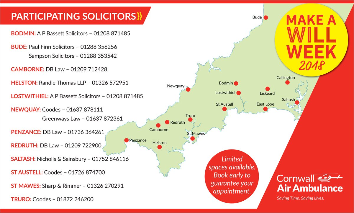 cornwallairamb's tweet image. For one week several local solicitors will be donating their Will writing fees to @cornwallairamb - get involved in #MakeaWillWeek  from 10-14th Sept. Call below to book your spot, create a Will &amp;amp; support the #charity.