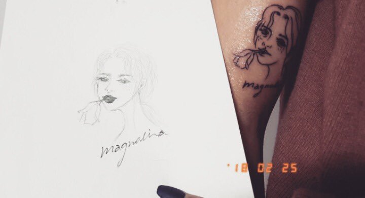 3. Magnolia (2018) - the tattoo she drew herself, she and her mom wanted to get it together, but her dad was against it so she only got one for herself The girl is Wheein herself and the magnolia flower has a special meaning for her Magnolia means happiness and dream