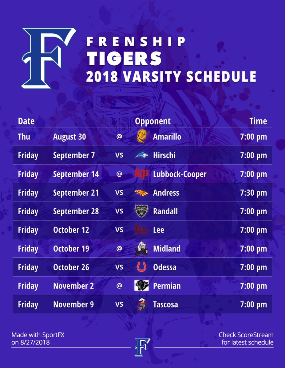 @FrenshipFBall <a href="/FrenshipSports/">Frenship Athletics</a> <a href="/frenshipnation/">FRENSHIPNATION</a> we finished your schedule! (DM me any mistakes). Here is a 🏈 schedule graphic I made with SportFX, our new photo/video feature just for sports!. ➡️ scorestream.com/sportfx?rId=tws