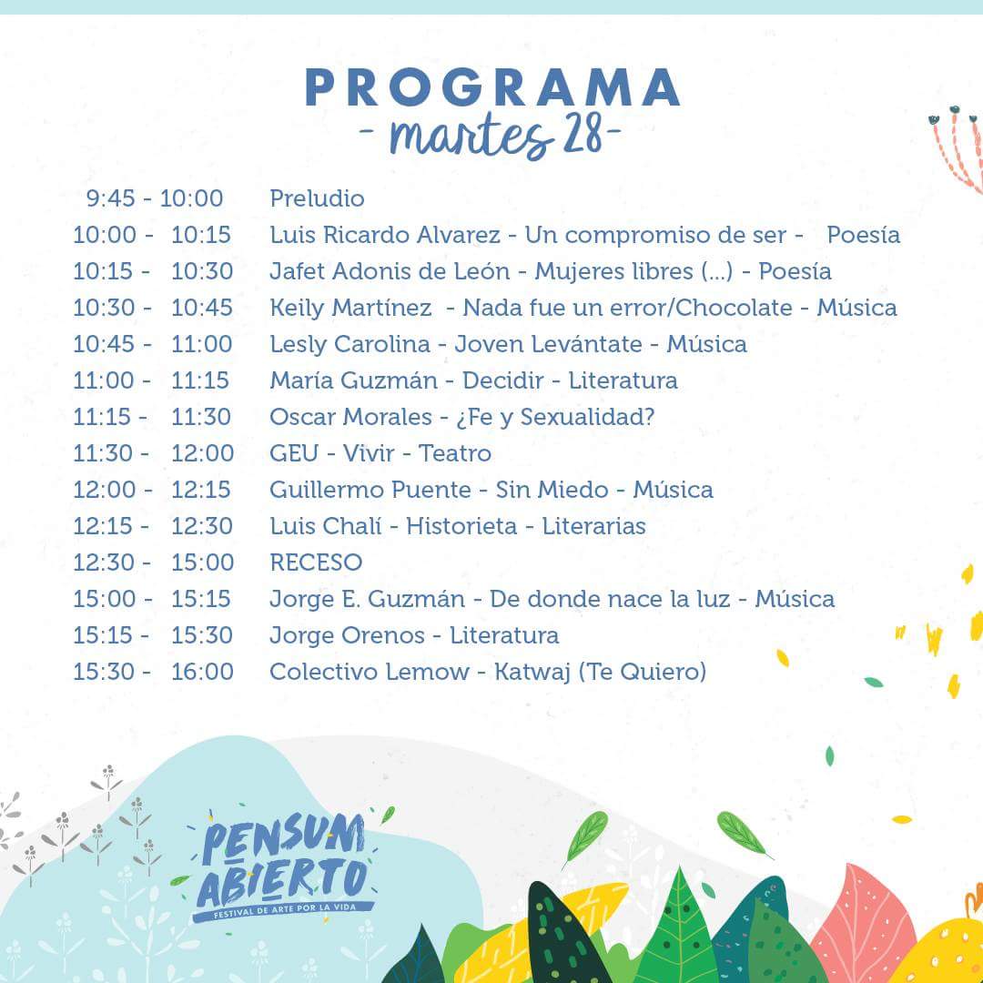 nydiacab's tweet photo. HOY empezamos el Festival de Arte por la Vida en la USAC. Este será el programa de hoy. @AEU_OliverioCDL @ifesworldES #somosgeu #somosifes #festivalporlavida https://t.co/idGjEZH3Ki