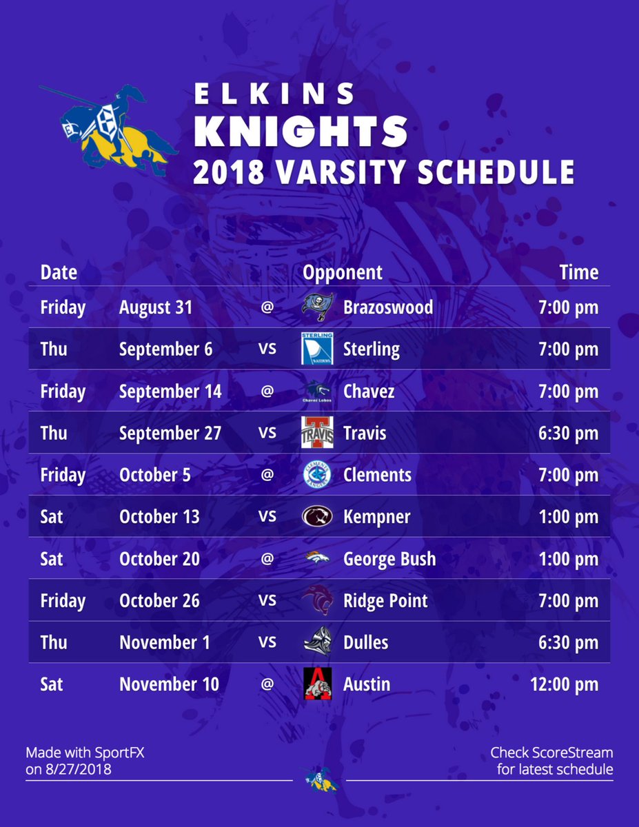 @ehsknightwire <a href="/ElkinsKnights/">ElkinsBaseball.com</a> <a href="/EHSABC/">EHS Athletic Booster</a> we finished your schedule! (DM me any mistakes). Here is a 🏈 schedule graphic I made with SportFX, our new photo/video feature just for sports!. ➡️ scorestream.com/sportfx?rId=tws