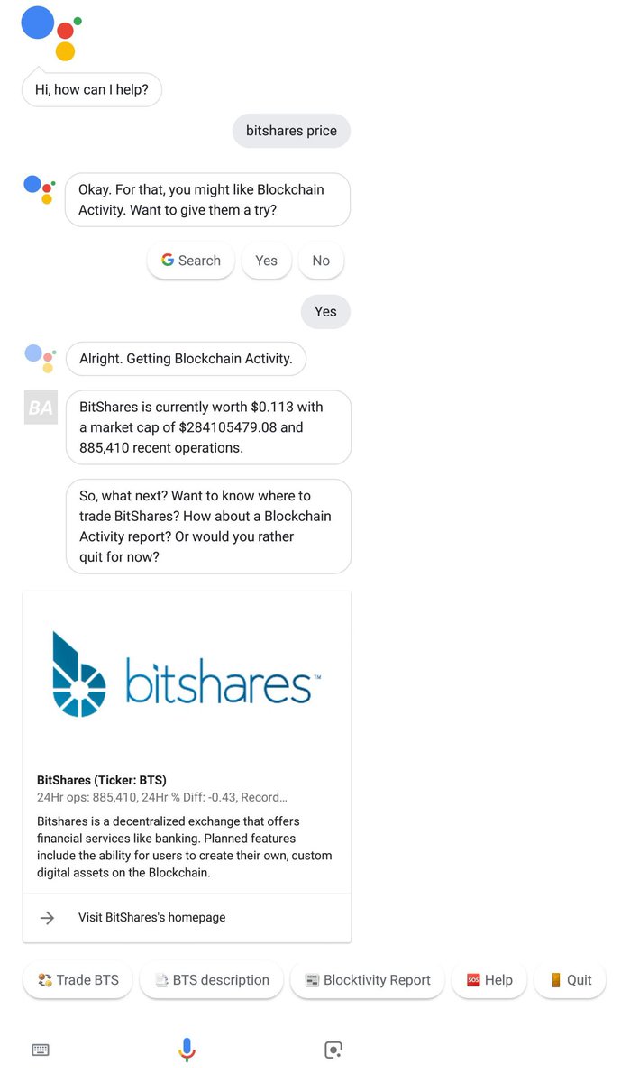 dexbot_team's tweet image. "Google , what's #BitShare price today?" ...You can now use #GoogleAssistant  to ask for #BitShares price ..assistant.google.com/services/invok… . You can read more about at :steemit.com/bitshares/@cm-…