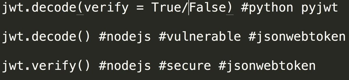 abhaybhargav's tweet image. Secure defaults are subtle, but important. Example, in #python's pyjwt library, you need to set arg (verify) to False (true by default) on a decode() function to be vulnerable. In @nodejs #jsonwebtoken, you have a choice of decode() (insecure) vs verify() (secure) 1/n
