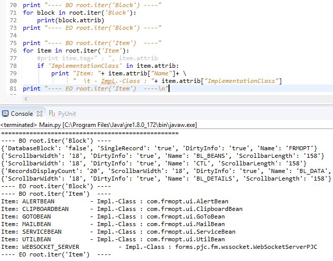 FriedholdMatz's tweet image. Do you know complete apps in one file with #PLSQL ?
You can convert the app into XML &amp;amp; analyze in #Jython ..
• import xml.etree.ElementTree
• iterate through all blocks, items etc.
• searching ..
• extracting PL/SQL code .. modifying
• simple &amp;amp; readable.
That’s #OracleForms.