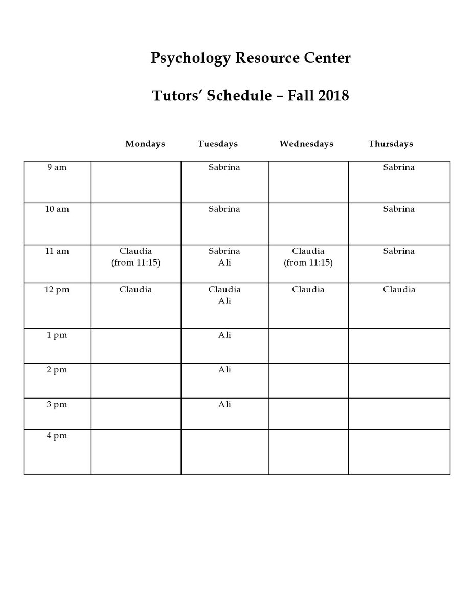 Psychology Resource Center schedule for Fall 2018