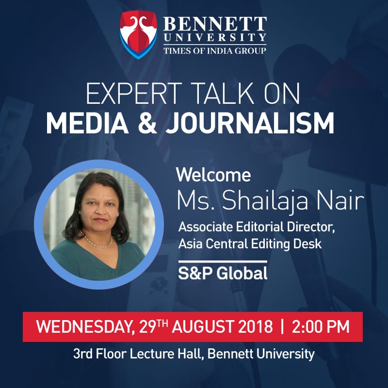 bennettuniv's tweet photo. #BennettConnect
Hear Ms. Shailaja Nair (Director @SPGlobalPlatts) speak on #journalism, #media, and #masscommunication tomorrow @bennettuniv, as she draws from her close to 3 decades of #experience. She will be joined by Mr. Akshay Mathur & Ms. Nupur Jain from @SPGlobal. https://t.co/LHeaoXN8H0