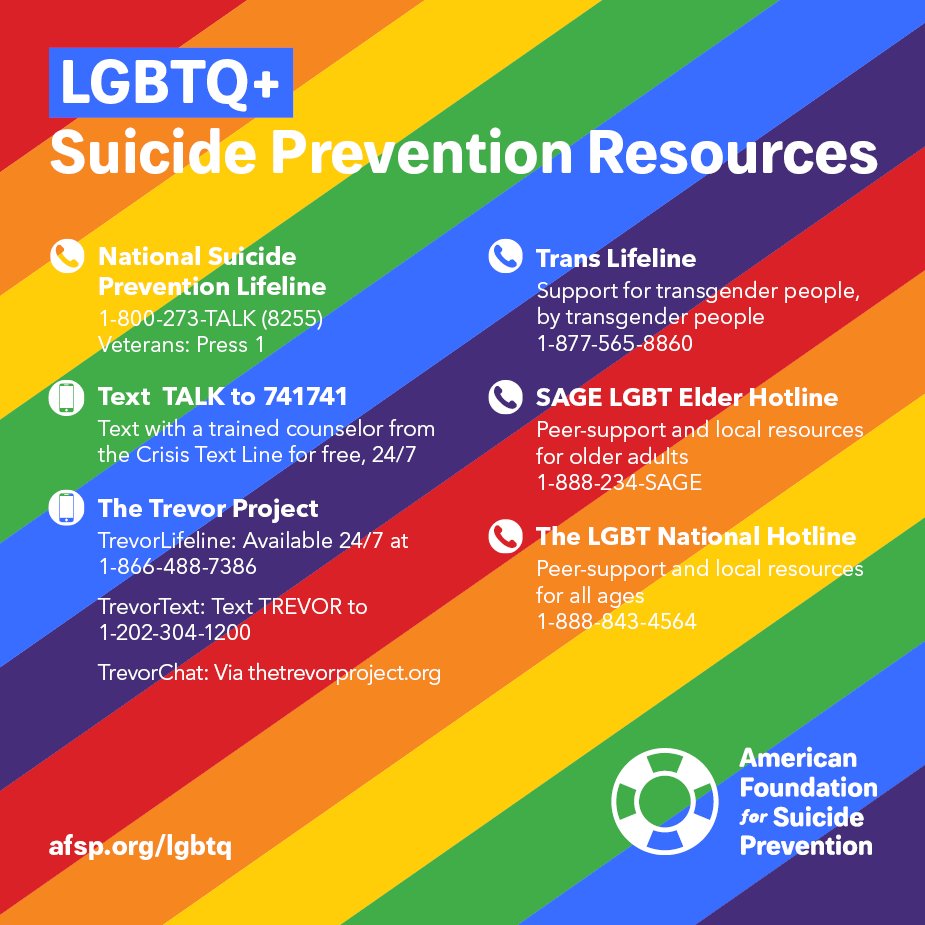 If you're part of the #LGBTQ+ community and you're struggling today, you are not alone. Please reach out to any of the resources listed below. They're here for you. 🌈❤️