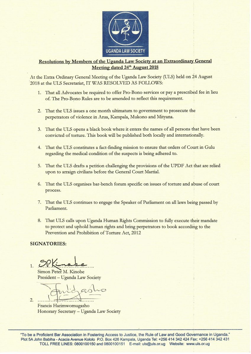 Please see the resolutions of the ULS EGM held on 24 August 2018. #BuildingBridges
<a href="/SPKinobe2018/">SP Kinobe</a> <a href="/PheonaWall/">Pheona Wall</a>  <a href="/Hmugashof1/">Francis Harimwomugasho</a> <a href="/JudiciaryUG/">Judiciary Uganda</a> <a href="/JLOSUganda/">JLOS</a> <a href="/DGFUganda17/">DGFUganda</a> <a href="/LDCUganda/">P̶ȯ̶m̶p̶ 🌪ᅠᅠᅠᅠᅠᅠᅠ ᅠᅠᅠᅠᅠᅠᅠ ᅠ̶ᅠ̶ᅠ̶ᅠ̶ᅠ̶ᅠ̶ᅠ̶ ̶ᅠ̶ᅠ̶ᅠ̶</a> <a href="/LaspnetUganda/">Legal Aid Service Providers Network.</a> <a href="/ealawsociety/">East Africa Law Society(EALS)</a> @Advokatforening <a href="/HenkJanBakker3/">Henk Jan Bakker</a>