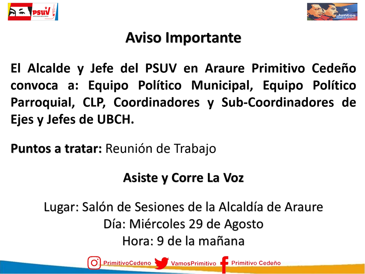 PsuvAraure2018's tweet photo. Camaradas difundan la Información y Participen
#ConPrimitivoCedeño
#ProducciónYCrecimiento https://t.co/41Ui9Q5MAd