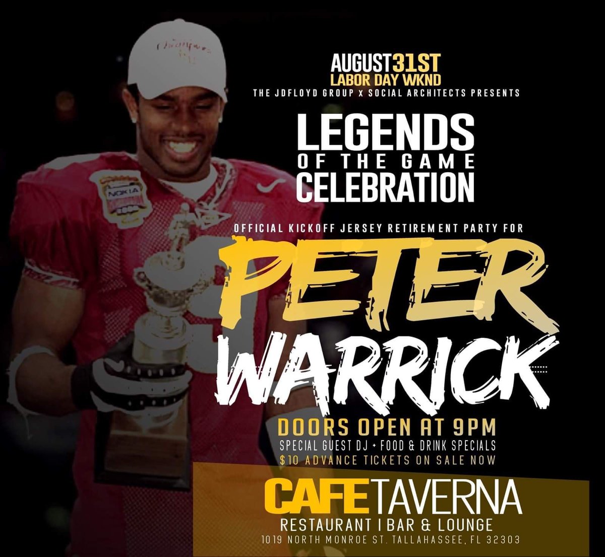 JDFLOYD's tweet photo. #LaborDayWeeknd @Pdub80 returns to TLH for the LEGENDS Alumni Kickoff Party at Cafe Taverna. Join the celebration as we kickoff @Pdub80 Jersey Retirement Weekend. @BoogieG305 @Kennydro229 @NicoleNoles @NoleSports @TLHDowntown @TheBobbyBowden @DjCadillacJoe @plies @DJDEMP @TPAIN https://t.co/yaPX11HWZ5