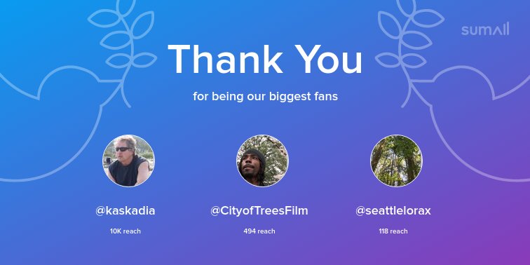 Our biggest fans this week: <a href="/kaskadia/">Kaskadia</a>, <a href="/CityofTreesFilm/">CITY OF TREES</a>, <a href="/seattlelorax/">Seattle Lorax- trees+density+transit for all</a>. Thank you! via sumall.com/thankyou?utm_s…