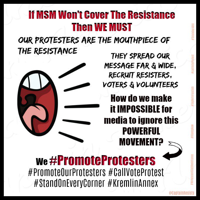 CaptainResists's tweet photo. Come on #RESISTERS let's AMP IT UP &amp; #PromoteOurProtesters ✊👊

They're on the #Frontlines 📢💪

Let's Have Their backs to ENSURE MEDIA ATTENTION For #TheResistance 📰

 #PromoteProtesters #CallVoteProtest #KremlinAnnex #StandOnEveryCorner  #FamiliesBelongTogether #RealAmericans https://t.co/Z7KkSaCVwl