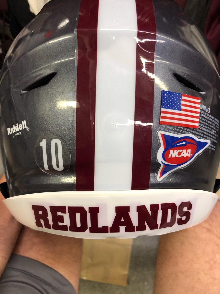 Redlands_Equip's tweet photo. You know it’s game week when you start decaling the best helmets in college football! #d3fb @GoRedlands @UofR_Football #beatGeorgeFox https://t.co/3nOorD2XOx
