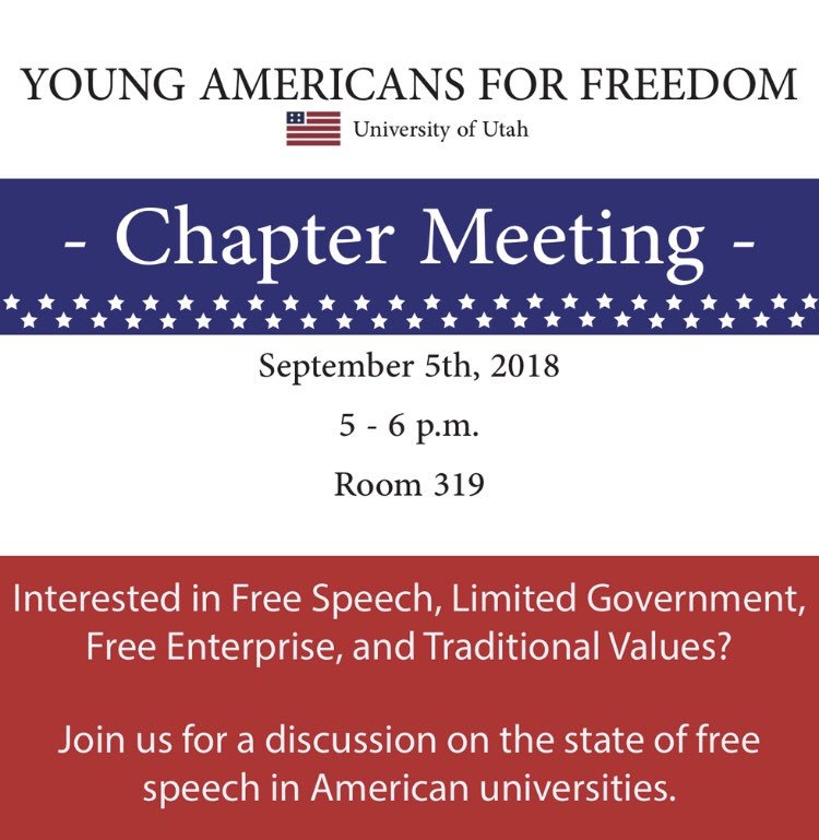 YAFUofU's tweet photo. Alright everyone! Our first chapter meeting of the semester will be on September 5th at 5 pm in room 319 of the Union. Hope to see you all there! https://t.co/elPghCcczN
