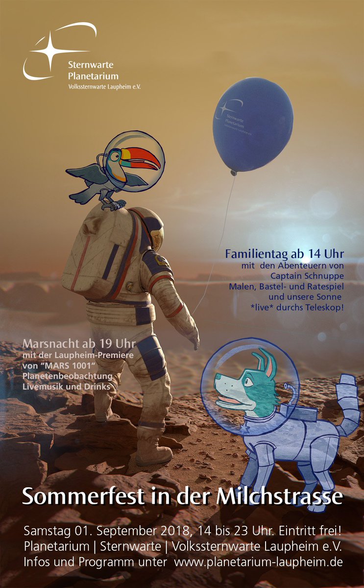 Planetarium7167's tweet photo. Nachmittags mit #CaptainSchnuppe durchs Sonnensystem oder abends mit der Crew von IRIS 1 in 1001 Tagen zum #Mars bei der Premiere von "MARS 1001" in mit Live-Musik und Cocktailbar!? - Alles möglich bei unserem intergalaktischen #Sommerfest! https://t.co/o1aYEF4cN5 https://t.co/4sa73lCdV9