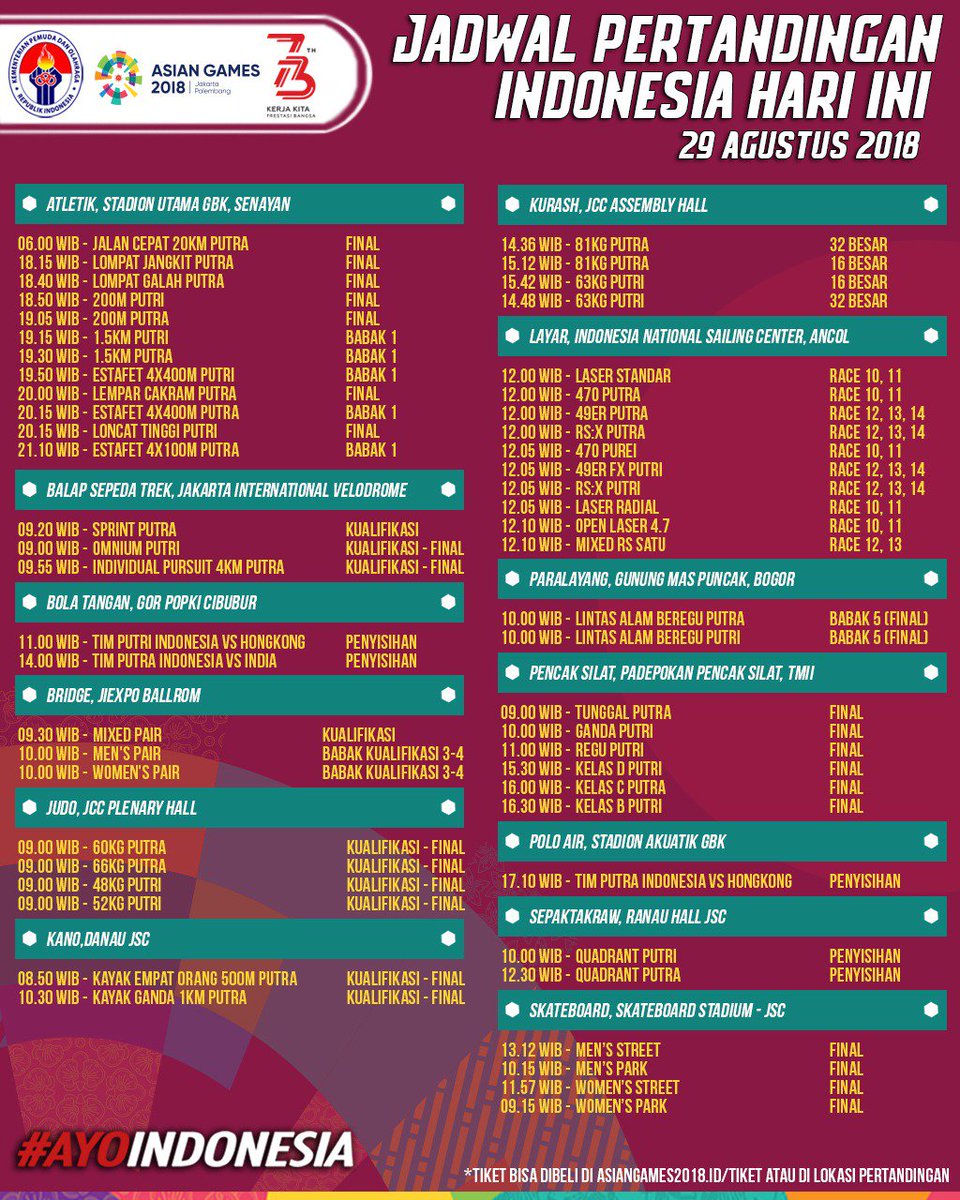KEMENPORA_RI's tweet photo. Jadwal pertandingan hari ini. Ayo terus dukung dan doakan para atlet kita yang berlaga di Asian Games 2018 kareni ini adalah Asian Games Kita.
.
#AsianGames2018
#AsianGames
#AsianGamesKita
#AyoIndonesia 
#IndonesiaJuara https://t.co/DIpM3izFul