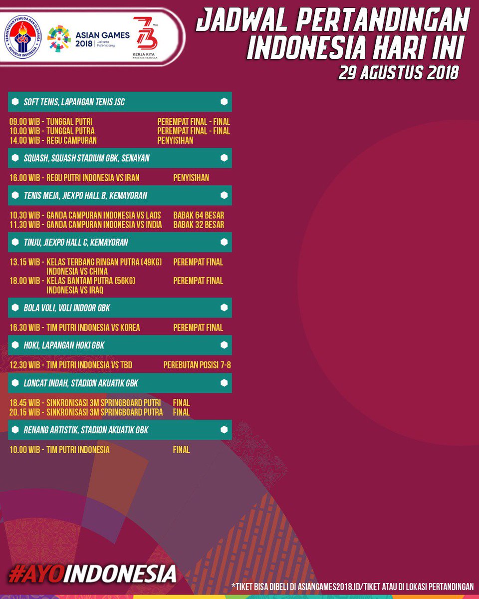 KEMENPORA_RI's tweet photo. Jadwal pertandingan hari ini. Ayo terus dukung dan doakan para atlet kita yang berlaga di Asian Games 2018 kareni ini adalah Asian Games Kita.
.
#AsianGames2018
#AsianGames
#AsianGamesKita
#AyoIndonesia 
#IndonesiaJuara https://t.co/DIpM3izFul