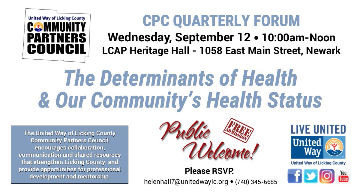 UWLickingCo's tweet photo. Learn more about the Community's Health Status at the Community Partners Council on Wednesday, Sept. 12th from 10 am - 12 pm at LCAP Heritage Hall.  RSVP to Helen at 740-345-6685 or hhall@unitedwaylc.org https://t.co/nLgpbKahoo