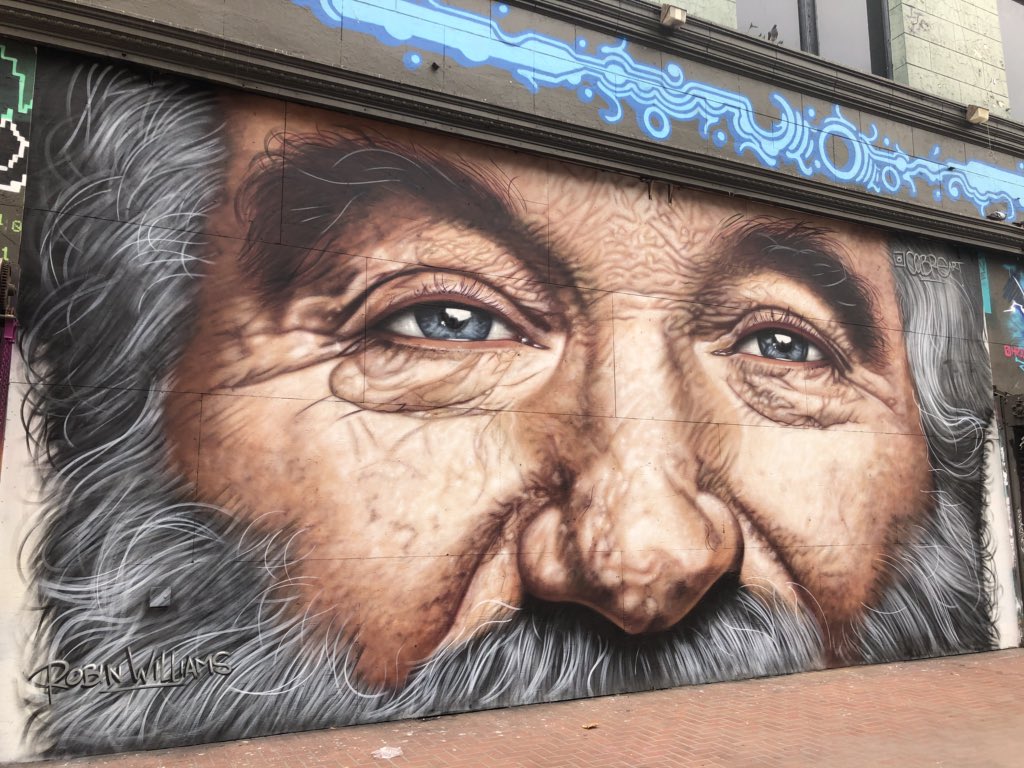 tigerbeat's tweet photo. New large #RobinWilliams #mural by Andre @Cobre_Art on Market St near 7th in San Francisco via @FitzTheReporter #cobreart #BeRobin https://t.co/HYdOCpLTKE