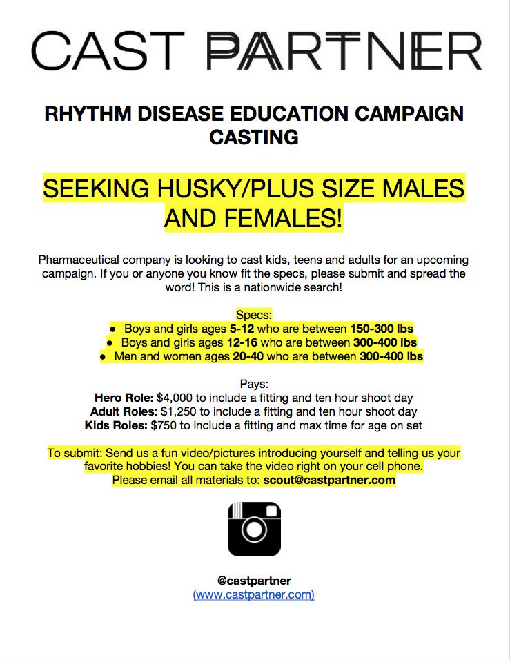 castpartnerLA's tweet photo. @CDCObesity hello! We are casting for a paid opportunity for an educational campaign &amp; are seeking plus size individuals ages 5-40. Any ethnicity is welcome! We want to represent all of America &amp; are searching nationwide for the right talent. We'd love your support and help! https://t.co/JcYQ9PRZLf
