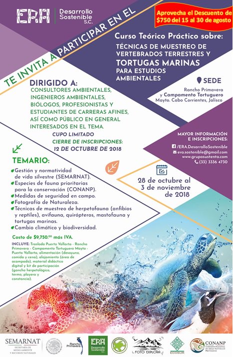 era_sostenible's tweet photo. ⚠️Solo restan 3 días del descuento de $750.00 quedando el costo del curso en $9,000.00⚠️ Para mayor información ingresa a: https://t.co/9rExg7Smg3

#cursofauna #muestreofauna #tortugasmarinas #estudiosambientales https://t.co/KAbNiztaxh