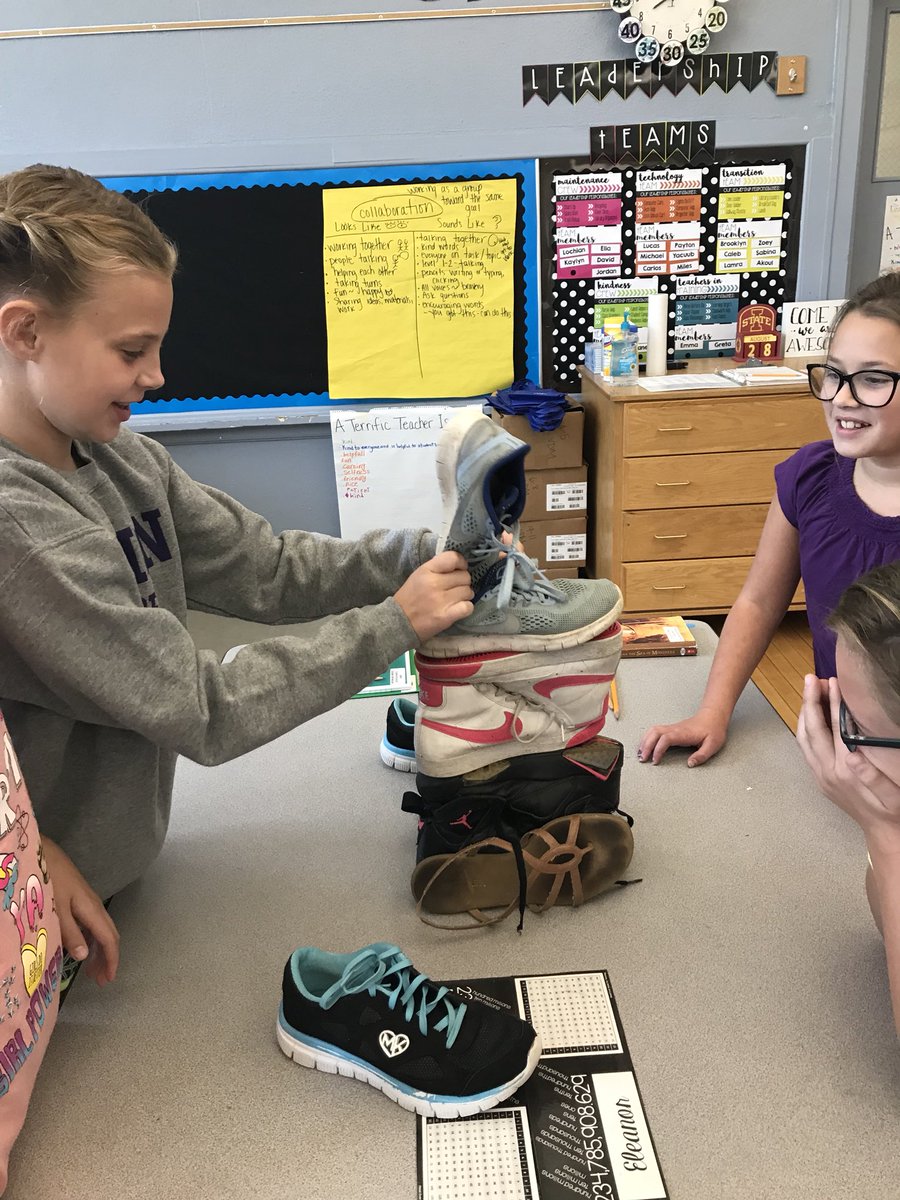 chelseavdm's tweet photo. This morning we collaborated (and competed) to build the tallest shoe tower! @HanawaltHawks #fifthgraderocks https://t.co/fAfIptaIo1