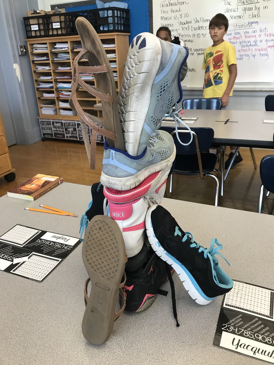chelseavdm's tweet photo. This morning we collaborated (and competed) to build the tallest shoe tower! @HanawaltHawks #fifthgraderocks https://t.co/fAfIptaIo1