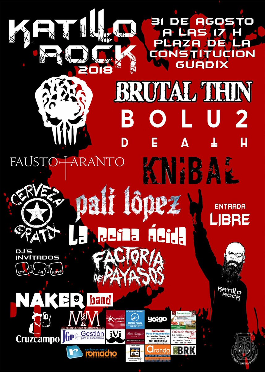 rockdeaki's tweet photo. Este viernes en Guadix (Granada): @BRUTALTHIN, @Bolu2Death, @faustotaranto, #KNIBAL, @CervezaGratix, Pali López, La Reina Ácida y Factoría de Payasos.
📍 @KatilloRock
📆 31/08/2018, 17:00
🌍 Guadix (Granada)
🎟️ Entrada gratuita https://t.co/P6k7bDPZl0