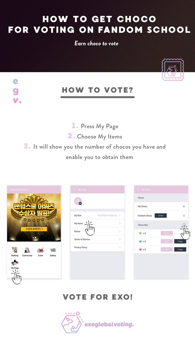 EXOGlobalVoting's tweet photo. 🗳 How to get Choco for voting on Fandom School
⏱: 08/30 (D-1) 
📈: #1 EXO (Grand Prize), #2 Xiumin (Individual)
🔗: https://t.co/HM3HWfffRP
https://t.co/zQvC2pm30J

EXO-L, RT to spread this ✨
When we come together, nothing is impossible!

#EXO⁠ ⁠#엑소⁠ ⁠@weareoneEXO https://t.co/pDmTEgn8vO