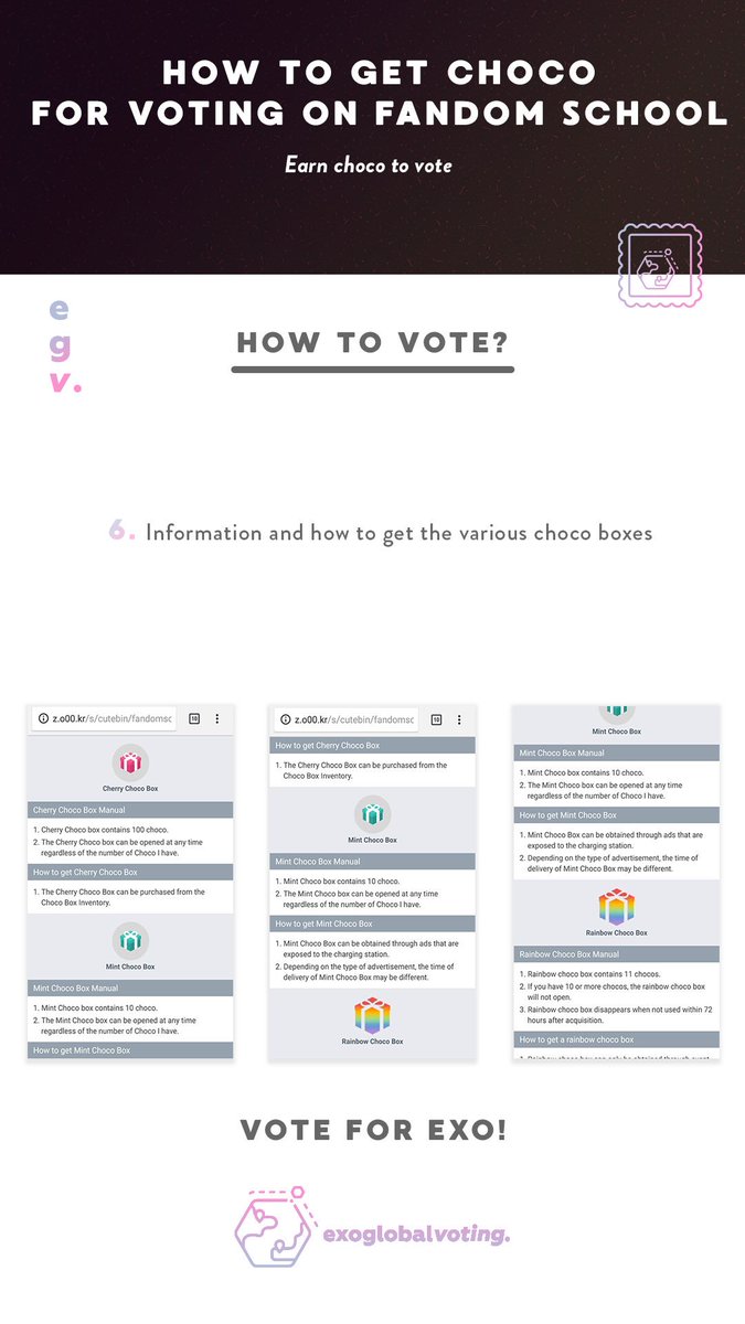 EXOGlobalVoting's tweet photo. 🗳 How to get Choco for voting on Fandom School
⏱: 08/30 (D-1) 
📈: #1 EXO (Grand Prize), #2 Xiumin (Individual)
🔗: https://t.co/HM3HWfffRP
https://t.co/zQvC2pm30J

EXO-L, RT to spread this ✨
When we come together, nothing is impossible!

#EXO⁠ ⁠#엑소⁠ ⁠@weareoneEXO https://t.co/pDmTEgn8vO
