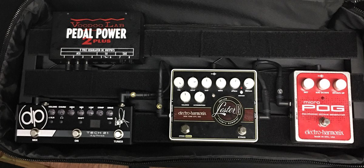 leavingspring's tweet photo. #pedalboards Our bass player’s rig. @EHX #micropog #lesterg #tech21nyc @dUgpinnick_ dp-3X #voodoolab #pedalpower2 @Pedaltrain Because sometimes @BradBaileyGTR wants to sound like an 8-str, and sometimes like Jon Lord in space. https://t.co/eKHRogjLrl