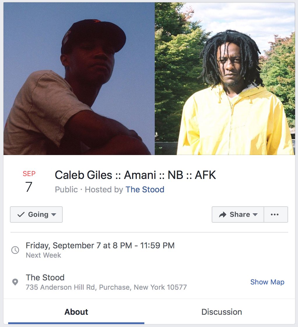 endashbee's tweet photo. CALEB GILES :: AMANI :: NB :: AFK
8pm Friday, September 7
Whitsons @ The Stood
#SUNYPurchase #TheStood #livemusic https://t.co/6lB3hKpBTc