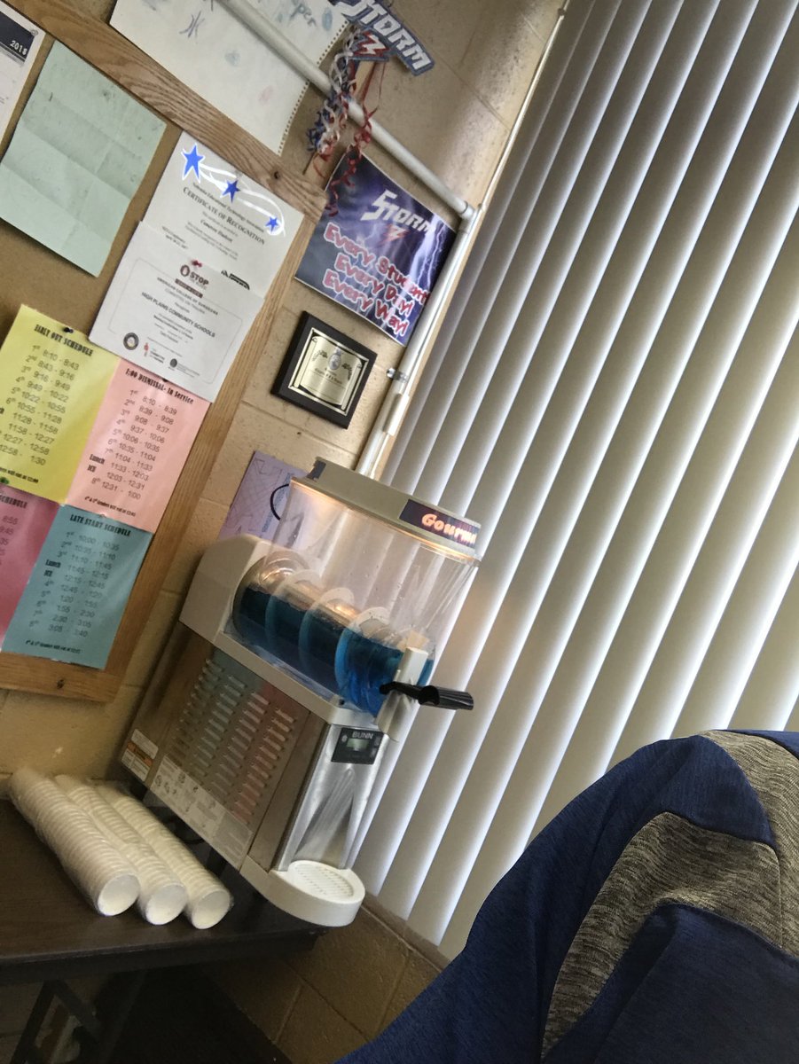 c_hudson5's tweet photo. Decided to break out the slushy machine in the @HPCSTORM principals office today. #hpcstorm #slushytime https://t.co/NtGlvHmYKu