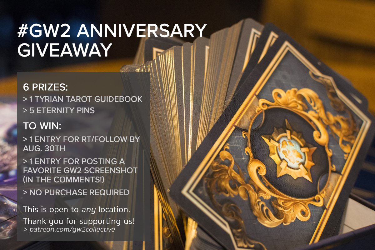Thank you for making this year a wonderful one! In celebration for <a href="/GuildWars2/">Guild Wars 2</a>'s 6th anniversary, we're hosting a small #giveaway with 6 prizes - 1 hardcover #TyrianTarot book &amp; 5 Eternity pins. RT/Follow or comment below with a favorite screenshot for a chance! #GW2 #GuildWars2