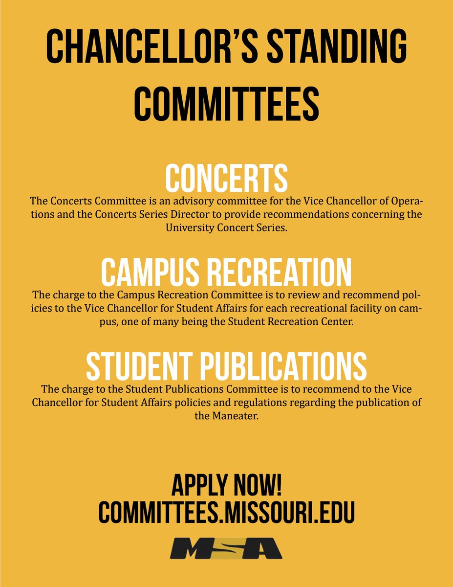 MSAmizzou's tweet photo. To apply to one of these awesome committees, go here: https://t.co/vPvvEhYfvn
To learn more about all of the Chancellor's Standing Committees, visit https://t.co/lPSxYhdROU
Applications close September 9, so apply apply apply! 🐯 https://t.co/BMZPrid6oC