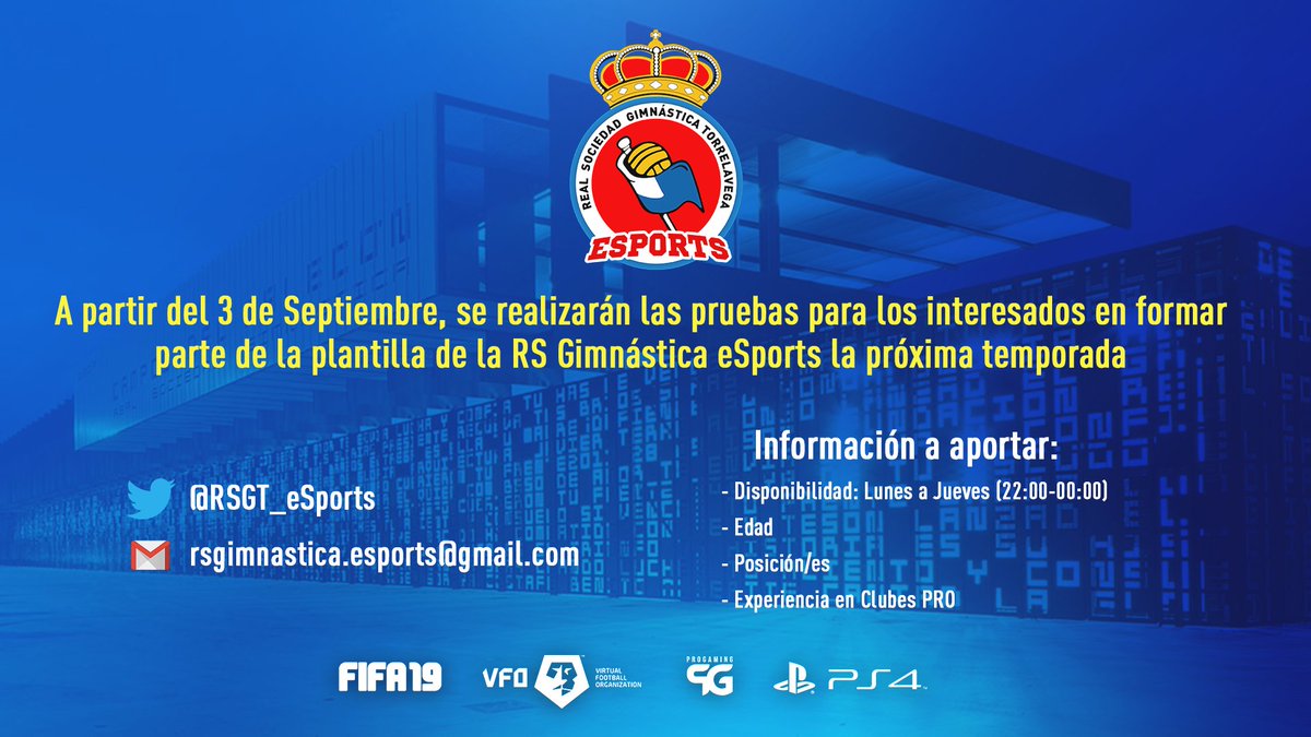 ¡El Lunes comenzarán las pruebas para cerrar la plantilla! Si estás interesado manda un MD 📩o un email 📨 #RSGT #eSports #FIFA19 #PS4