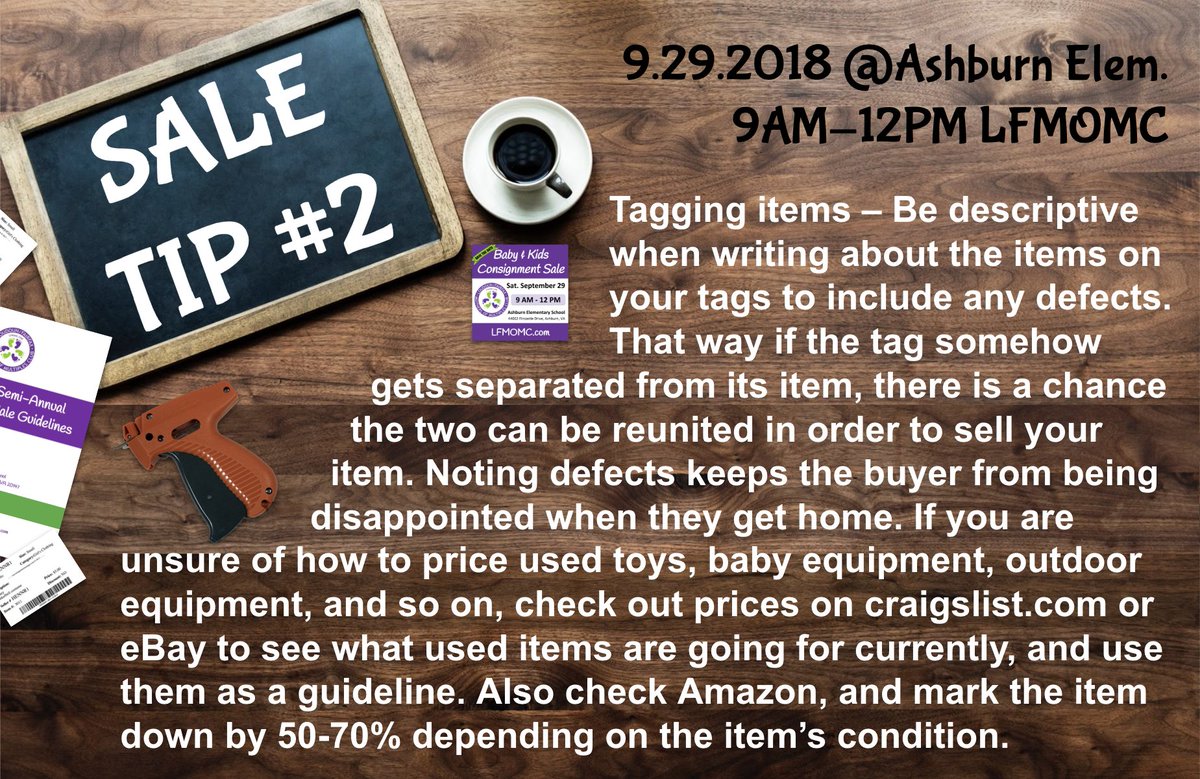 lfmomcsale's tweet photo. Here's tip #2! #saletiptuesday #secondtip #LFMOMCsaletips #saletips #gather #consign #declutter #tag #tagging #bedescriptive #notedefects #pricetosell #priceguidelines #deals #priceright #consignortips #consignmentsaleprep #kidsconsignment #LFMOMC #lfmomcsale https://t.co/VUWQu2Jz5c