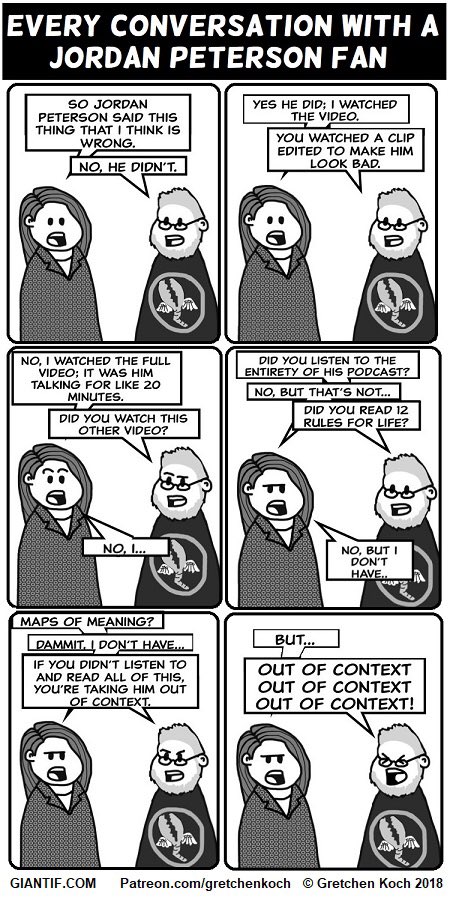 GretchenKoch's tweet image. These are the two cartoons I described in my #swwork panel— the first one of the Giant If series, and the popular Jordan Peterson one.