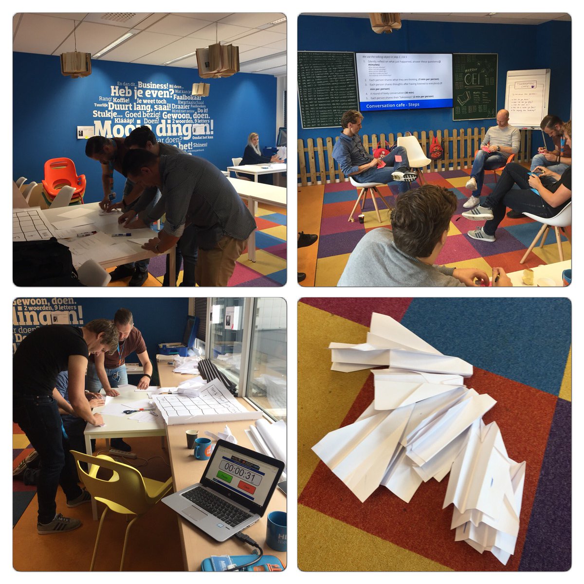 momatwork's tweet image. Facilitated #Leadership session with Tech Management today. Folding airplanes in Sprint simulation game, using Conversation Café #LiberatingStructure to debrief.