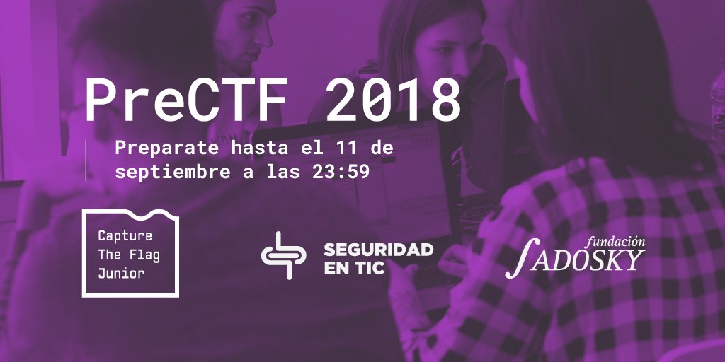 funsadosky's tweet photo. ¿Conocés el #PreCTF2018? Empezá a resolver desafíos introductorios de Seguridad Informática en línea y preparate para la segunda edición del #CTFJunior. Mirá: https://t.co/DcDUJp1jpc https://t.co/U91tF7kKtW
