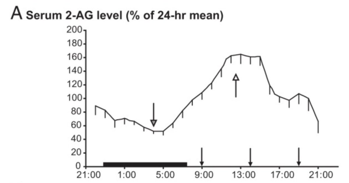 MediCann's tweet photo. JCEM studied #endocannabinoid 2-AG - associated w/ sleep-wake rhythm. 2-AG levels are lowest at 3-5am. Both #disorderedsleep & #cannabis influence this rhythm. The popularity of cannabis to induce & stay asleep indicates a potential solution for insomnia > https://t.co/teefMxSdjy https://t.co/u6cIs6qcya