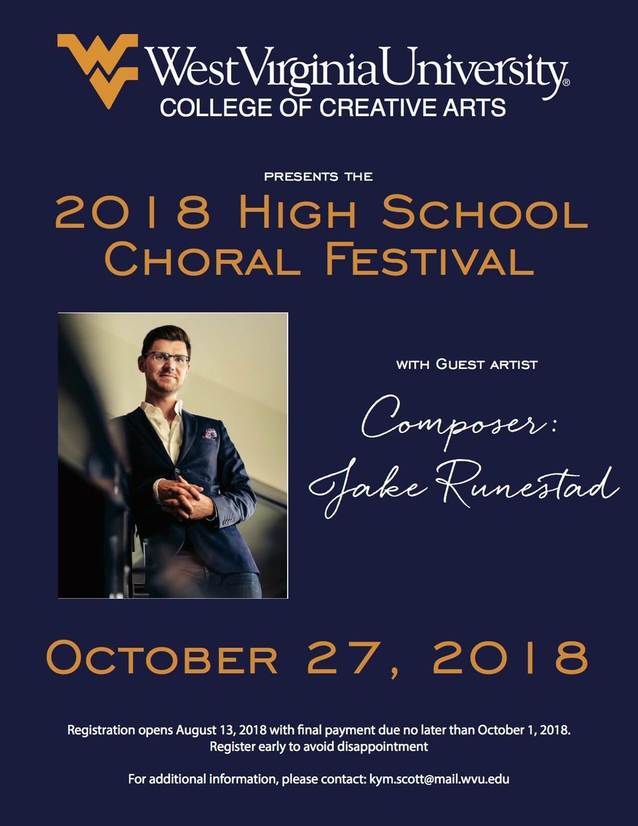 Registration is now open for the WVU High School Choral Festival! Click on the link! - music.wvu.edu/high-school-ch… #WVUChoirs 🎶