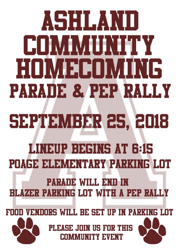 ashlandpep's tweet photo. We are asking students, groups, clubs, sports, and organizations to participate in the parade! If your group would like to be in the parade, please let us know so you can be added to the lineup!! #WeAreAshland  #AshlandProud https://t.co/Rjr3juRMZt