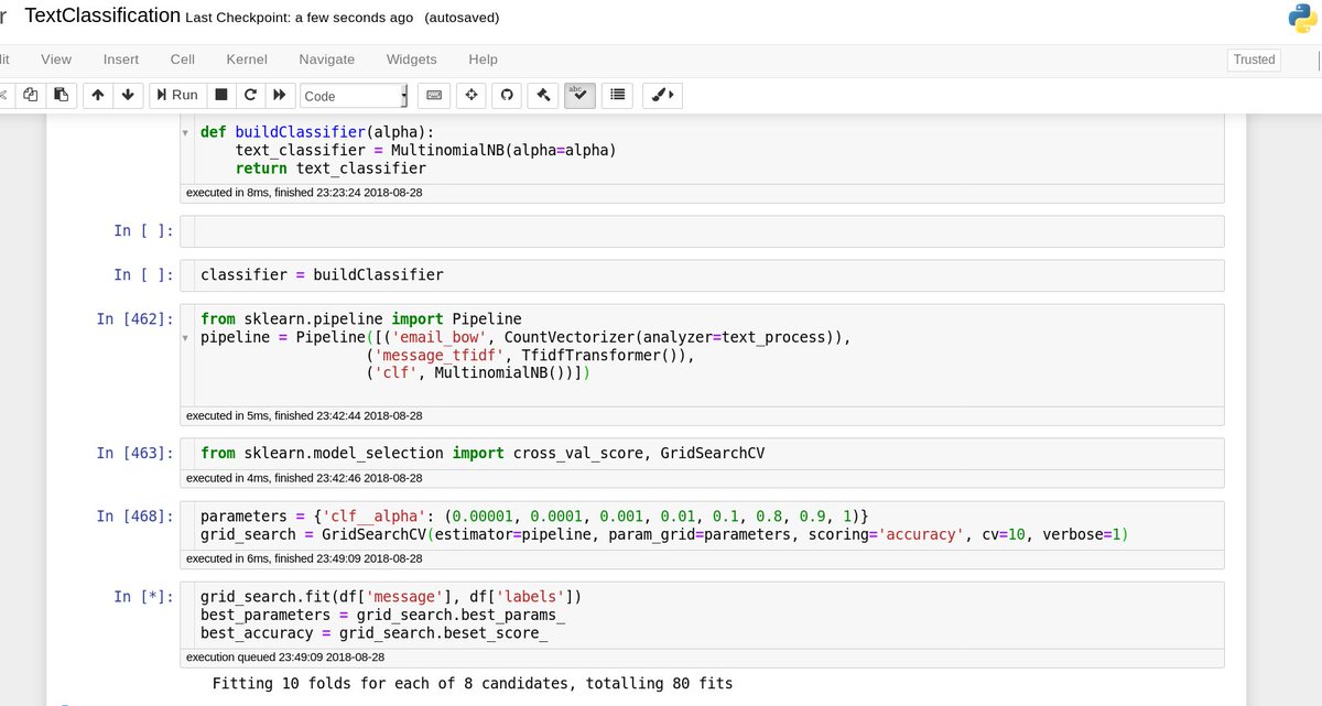 adityakxco's tweet image. Finally made my Spam Classifier with #enron_dataset 
I&apos;ve used BOW, Vectorization, TF-IDF
Doing hyper parameter tuning via #GridSearchCV (93% accuracy as of now; hoping to cross 96% after tuning)
This gonna take time but I&apos;m excited af 😛

#100DaysOfMLCode #MachineLearning  #NLP